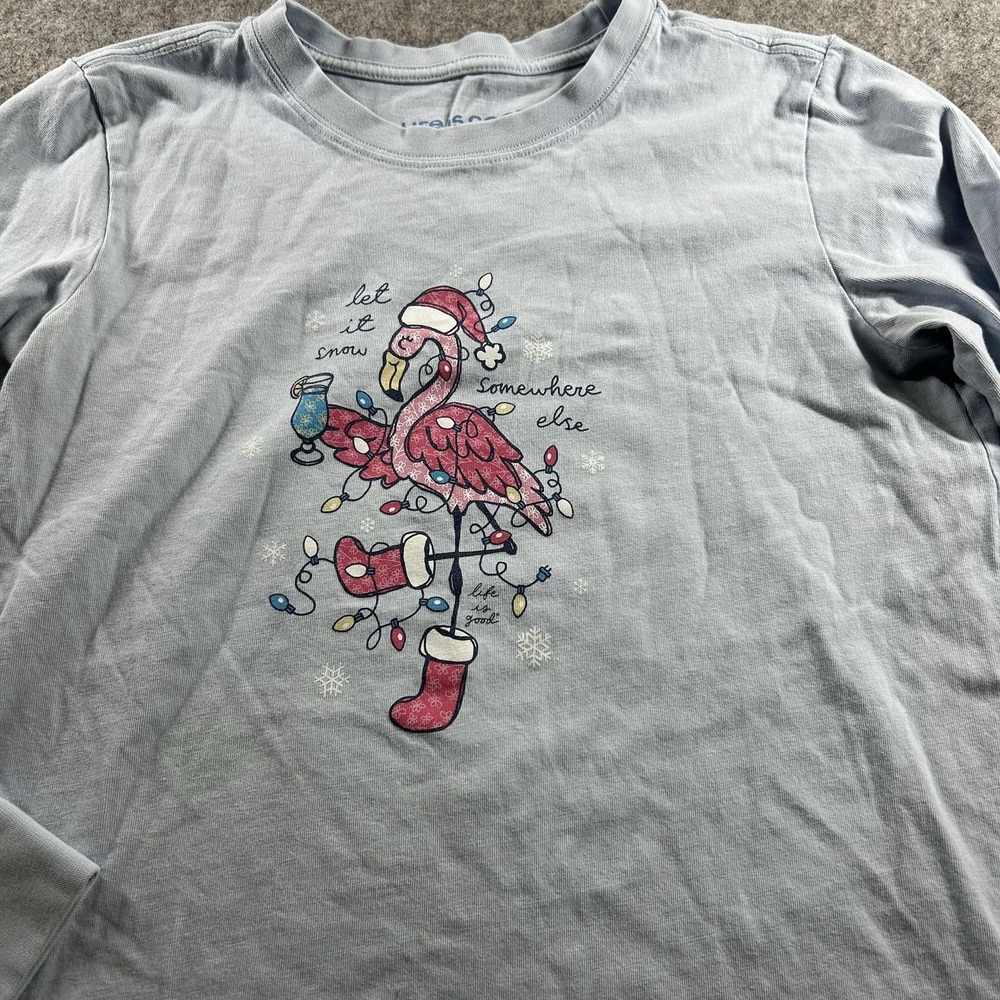 Life Is Good Crusher Tee Womens Small Flamingo Let It Snow Cotton Winter Shirt - Picture 2 of 8